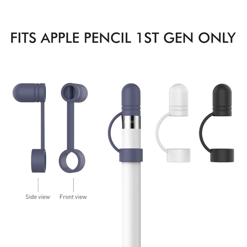 AhaStyle 3 Pack Cap Replacement Holder with Anti-Lost Strap Silicone Protective Cap Cover for Apple Pencil 1st Generation(White, Black, Midnight Blue) - Image 2